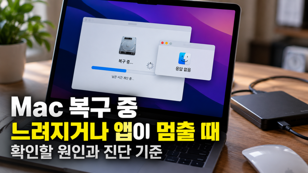 Mac 복구 중 느려지거나 앱이 멈출 때 확인할 원인과 진단 기준